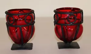2 Ruby Red Hand Blown Glass in Wrought Iron Cage Candle Holders Hand Made - Picture 1 of 9