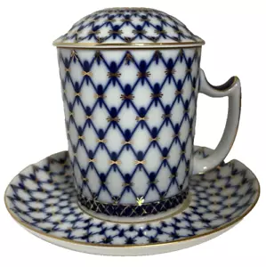 22K Gold Cobalt Net Mug With Lid And Saucer Imperial Lomonosov Porcelain Russian - Picture 1 of 11