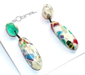 Sobral Caillou Multicolor Mosaic White Bead Artist Made Dangle Post Earrings - Picture 1 of 7