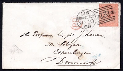 UK GB 1868 EDINBURGH, SCOTLAND COVER FRANKED S.G. #95 PLATE #8 TO COPENHAGEN - Image 1 of 2
