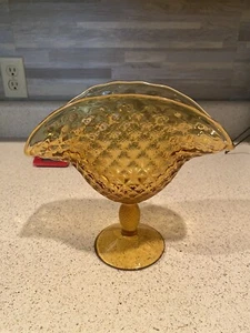 Viking Yesteryear Yellow Amber Fan Vase Compote Quilted Diamond Folded Sides - Picture 1 of 8