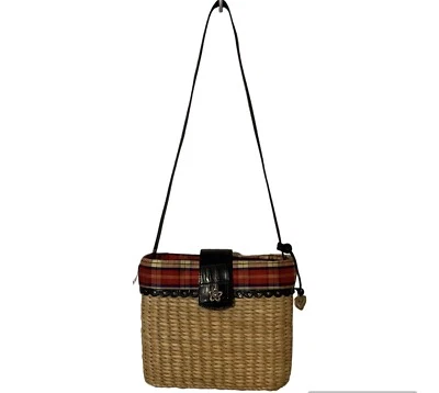 Bolso de Hombro Brighton Poppy Cuero Paja Borde Forrado de Seda Azul Madas Cuadros  Foto 1 de 4