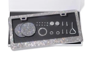 Made with Swarovski White Diamond CRYSTAL License Plate Frame Caps Coasters Ring - Picture 1 of 15