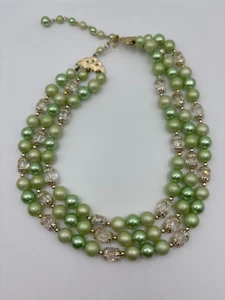 Vintage Unbraded Green Crystal Beaded Choker Necklace Multi Strand - Picture 1 of 5