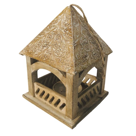Floral Engraved Decorative Temple Top Mango Wood Hanging Bird House with Feeder Cover