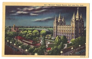 1945 Night View of MORMON TEMPLE SQUARE Salt Lake City Utah Postcard UT Linen - Picture 1 of 2