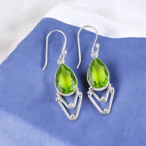 Sterling Silver August Birth Pear Peridot Stone Engagement Hook Drop Earrings - Picture 1 of 7