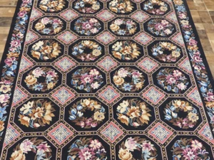 5'6"x8'6" French Aubusson DES floral Black hand knotted wool Needlepoint rug - Picture 1 of 8