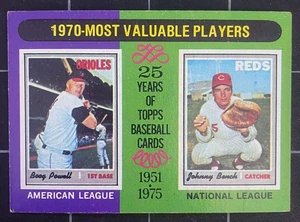 1975 Topps #208 - 1970 • MVPs Boog Powell / Johnny Bench - En muy buena condición - Imagen 1 de 2