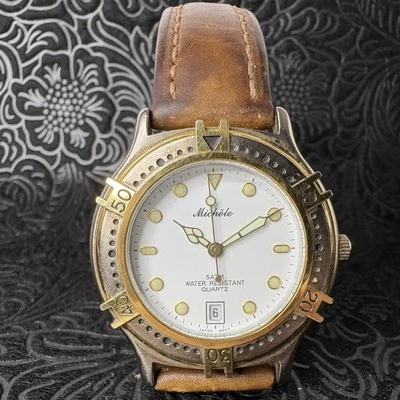 Reloj Michele Hombre 5ATM Resistente al Agua Cuarzo Bisel Móvil Correa Cuero Marrón Foto 1 de 4