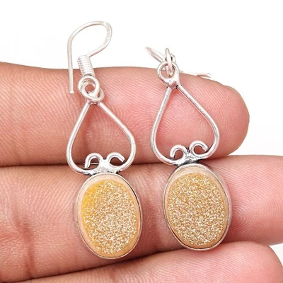 Yello Sunshine Drusy Gemstone Handmade Silver Jewelry Earrings 1.5'' - Image 1 of 4