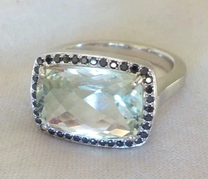 Anillo con halo de diamantes negros prasiolita de oro blanco de 14 quilates como nuevo - 7,24 gm, talla 6,75, 4,66 quilates - Imagen 1 de 12