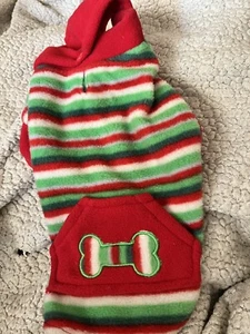 Casual Canine Christmas Fleece in XSmall. Red and Green striped hoodie - Picture 1 of 3