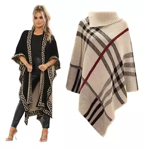NEW IN LADIES TARTAN & PLAIN PONCHO KNITTED CAPE WRAP SHAWL ONE SIZE 8-14 - Picture 1 of 12