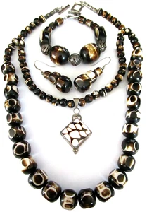 Chocolate Brown & White Bead Sterling Silver 925 Necklace Bracelet Earring Set - Picture 1 of 2