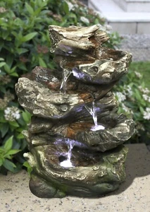 14 in H In/Outdoor Fountain-Log Waterfall 4 Level LED Home/Garden/Tabletop Decor - Picture 1 of 5