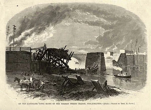 PHILADELPHIA 2nd MARKET STREET BRIDGE DESTROYED, Telegraph lines, Tug Boat 1875 - Picture 1 of 1