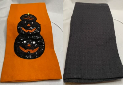  Halloween Black Sequins Pumpkins Set of 2 Hand Towels NEW NWOT Holiday Kitchen - Image 1 of 4