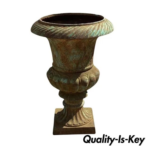 Cast Iron 32" French Green Campana Urn Form Basketweave Garden Outdoor Planter Cover
