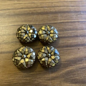 Vintage 4er Set französischer tiefschwarzer Glasknopf vorne bronziert 20 mm - - Bild 1 von 6