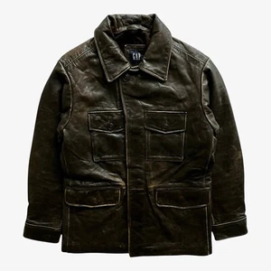 Vintage 90s Men's GAP Dark Brown Leather Utility Jacket, Army Military Retro Y2K - Picture 1 of 7