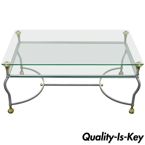 Maison Jansen Style Brass Brushed Steel & Glass Ball and Claw Foot Coffee Table Cover
