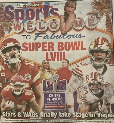 🏈🏆2/11/24 NY POST** Cubierta Super Bowl LVIII SF 49ers KC Chiefs (papel entero) Foto 1 de 4