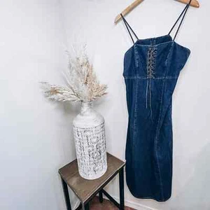Vintage 90s Y2K Denim Midi Dress Bodycon Lace Up Size 14  - Picture 1 of 7