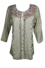 Boho Button Front Hippie Top With Flower Embroidery Long Sleeves Tunic Blouse SM