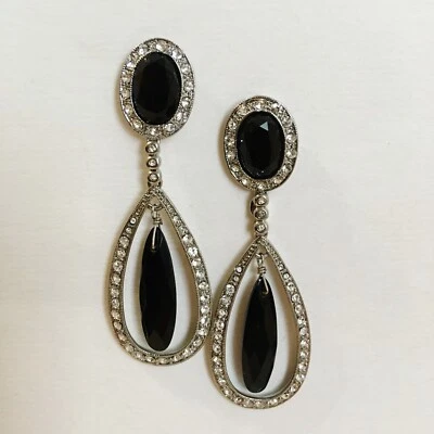 Monet Teardrop Earrings Rhinestones Reddish Black Stone Silver Tone Metal Dangle - Изображение 1 из 4