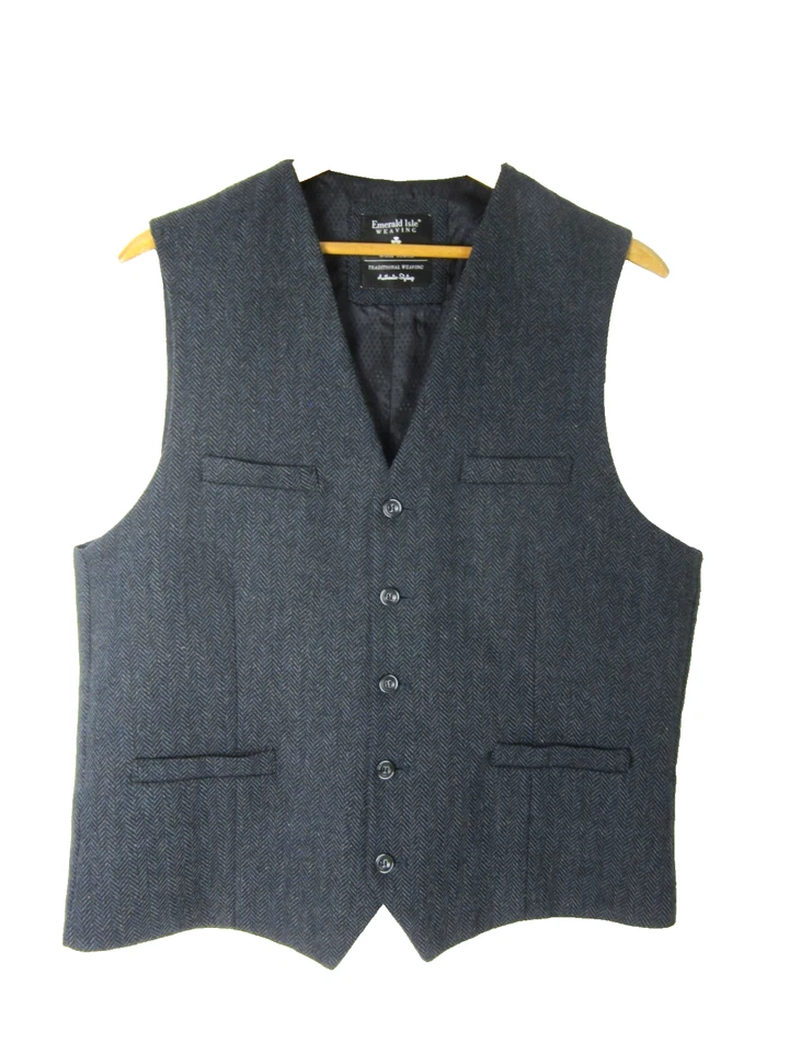 Emerald Isle Weaving Mens L Navy Blue Black Wool Herringbone Vest UK 56  43" - Image 1 of 4