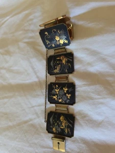 1950s Vintage Amita Damascene 6 Scenes Japan Gold Filled Etched Bangle Bracelet - Bild 1 von 4