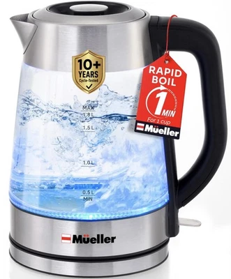 Mueller Rapid Boil Electric Kettle 1.8L – Borosilicate Glass & Stainless Steel