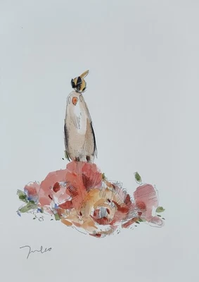 JOSE TRUJILLO Watercolor Painting Collectible ORIGINAL Flowers Bird Bee coa - Image 1 of 4