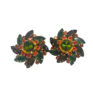Vintage Judy Lee Watermelon Red Green Clip Earrings Gold Tone Christmas Floral - Picture 1 of 4