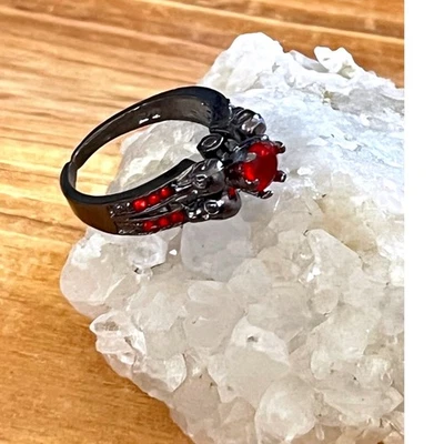 14K Black Gold Filled Skull Ring Red Topaz Stone Gothic Statement Ring Size 6 - Image 1 of 4