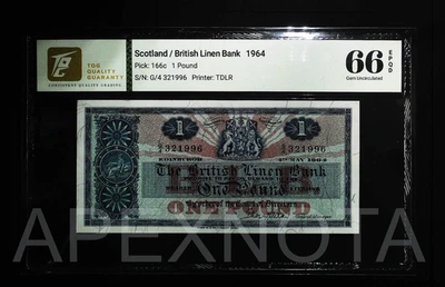 SCOTLAND 1 POUND 1964 P166 GEM 66 UNC EPQ BRITISH LINEN G/4 PREFIX GREAT DETAILS - Image 1 of 2