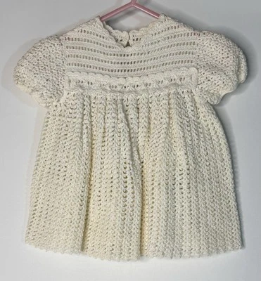  Vestido de malha marfim feito à mão bebê menina bebê 6-9 meses - Imagem 1 de 4