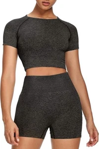 Women Seamless Yoga Outfits 2 Piece Set Workout Gym Shorts + Small, Black - Picture 1 of 6