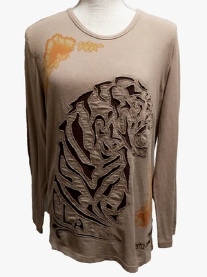 Top Roberto Cavalli Clase Beige Marrón Corte Láser Logo Tigre Elastizado Manga Larga L Foto 1 de 4