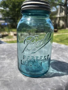 BALL PERFECT MASON AQUA QUART JAR W/Lid RARE PRINTING ERROR!! 1900-1910 - Picture 1 of 17