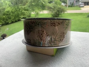 New Kirkland Seasonal Ribbon. Multi Colored Pinecone Wired. Width 2.5” 50 Yards - Picture 1 of 3