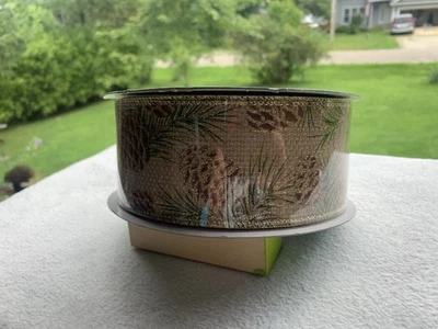 New Kirkland Seasonal Ribbon. Multi Colored Pinecone Wired. Width 2.5” 50 Yards - Image 1 of 3