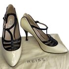 Reiss Womens Cream Black T Strap Leather Pointy Toe Patent Heels Size 5 Uk