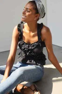 new Anthropologie Maeve Smocked Ruffle Tank SIZE M nwt black color - Picture 1 of 7