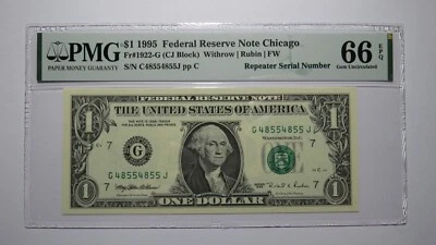 $1 1995 Repeater Serial Number Federal Reserve Currency Bank Note Bill PMG UNC66 - Image 1 of 3