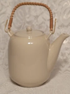 Unique Teapot Cream Ecro Colored Ceramic Wicker Handle tblxs1 - Picture 1 of 4