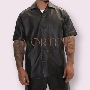 Men's Black Leather Shirt Real Lambskin Leather Shirt Causal Shirt Soft Leather - Picture 1 of 3