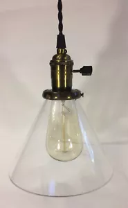 New Antique Finish Industrial Pendant w/ Glass Cone Shade, Antique Style Bulb - Picture 1 of 10