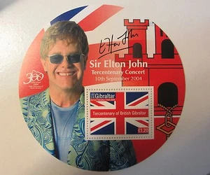 ELTON JOHN 2002 Gibraltar 4" dia Souvenir Stamp Sheet - Perforated, EX - Imagen 1 de 1
